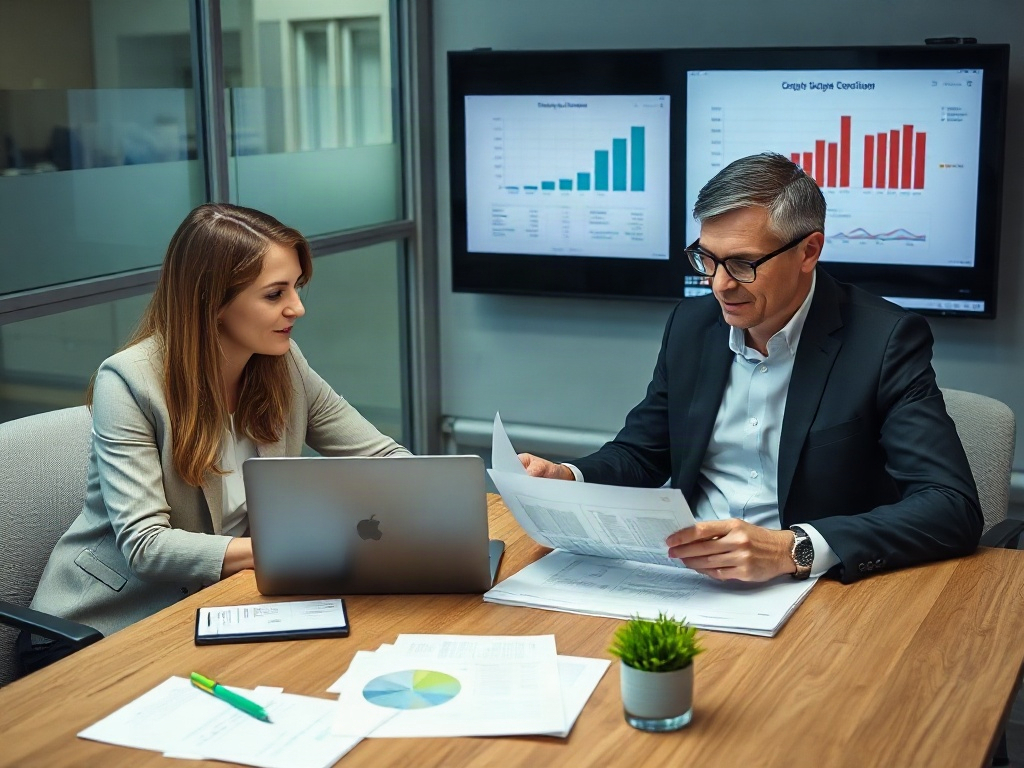 Documentary photo of two business professionals sitting at a conference table in a Slovenian office